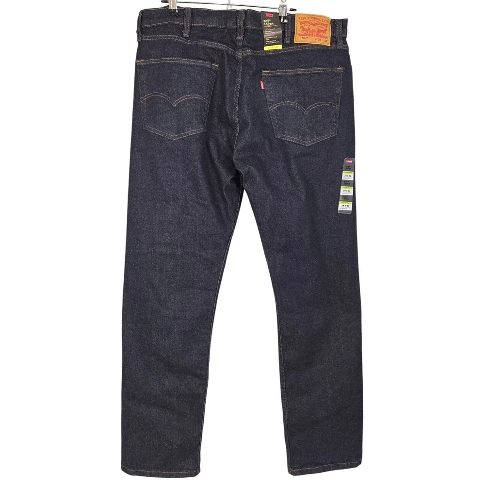 Levis 502 Taper Mens 38x32 Dark Wash Indigo Blue Flex Stretch Jeans Zip Fly NEW